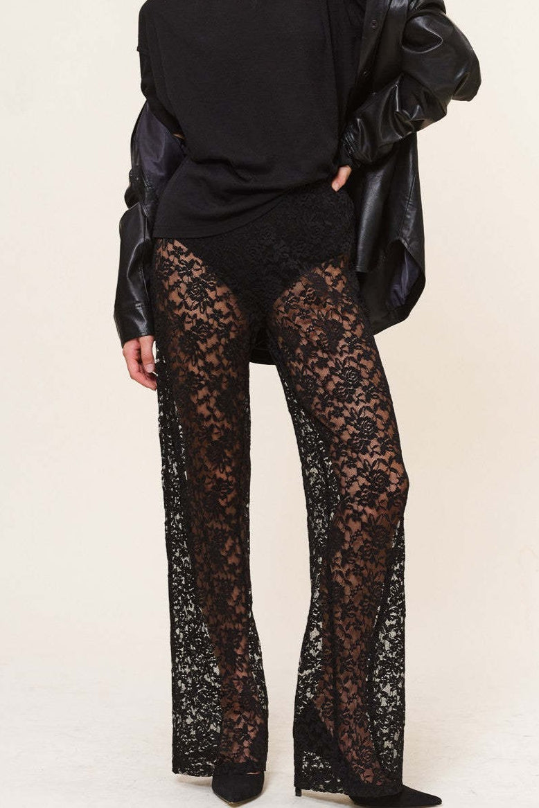 Lace Sheer High Waist Patchwork Straight Pants