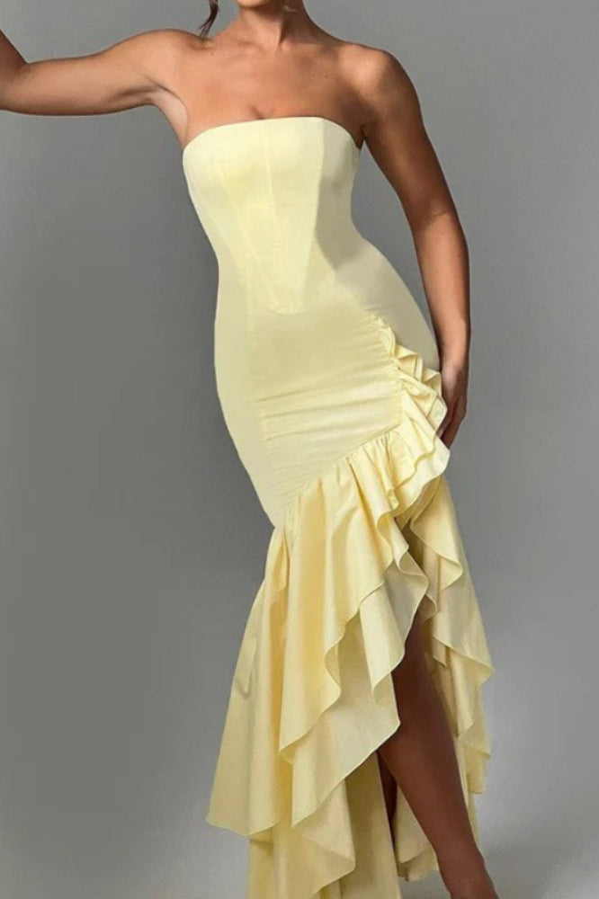 Off Shoulder Strapless Asymmetric Prom Dress