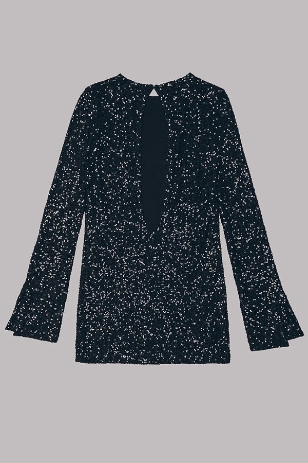 Sequin Open Back Oval Cutout Long Sleeve Mini Dress