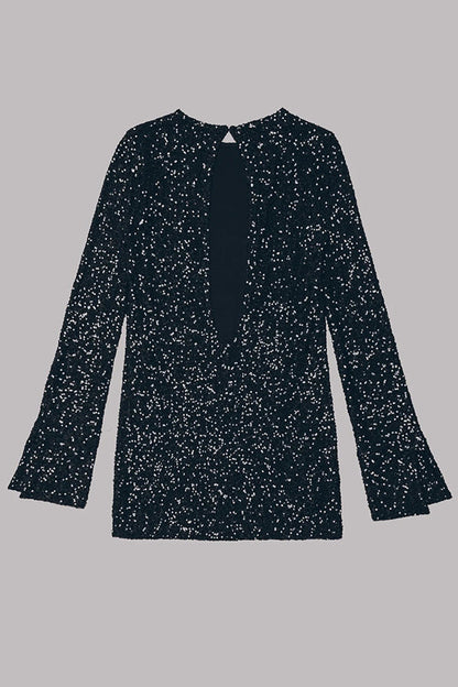 Sequin Long Sleeve Slit Cuff Crew Neck Mini Dress