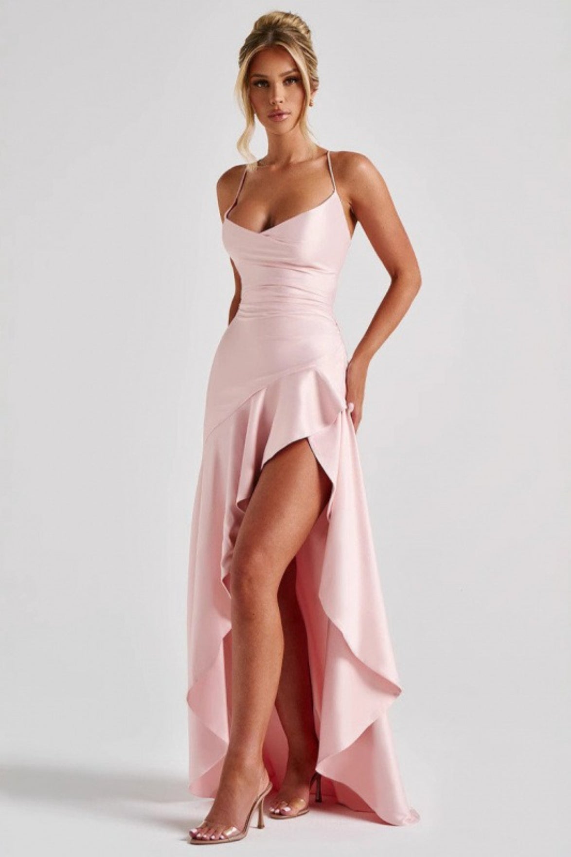 Spaghetti Strap Backless Ruffle Prom Dress