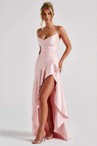 Spaghetti Strap Backless Ruffle Prom Dress