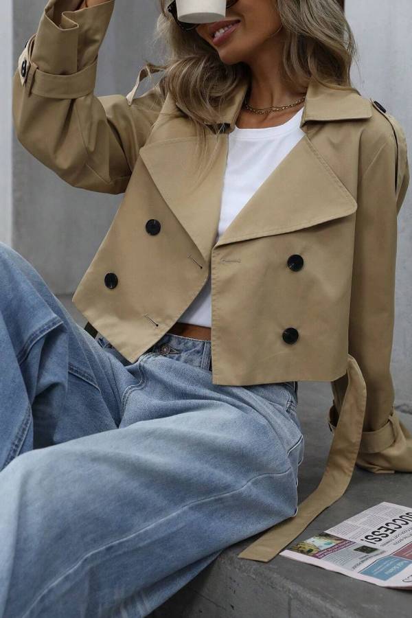 Double-breasted short belted trench coat