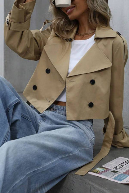 Double-breasted short belted trench coat