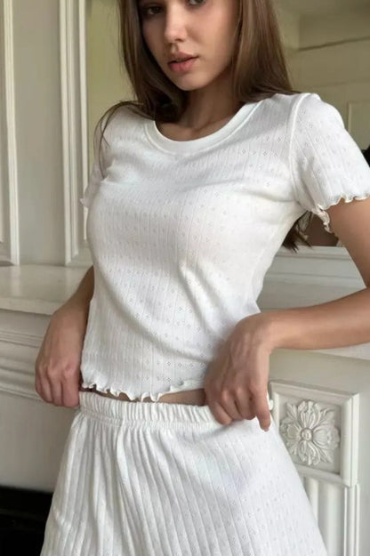 Jacquard Frill Trim Round Neck Short Sleeve Shorts Set
