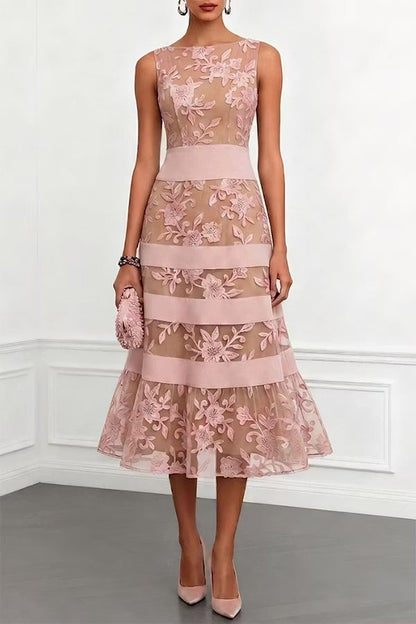 Rosmie Flower Mesh Lace Colorblock Boat Neck Sleeveless A-Line Midi Dress