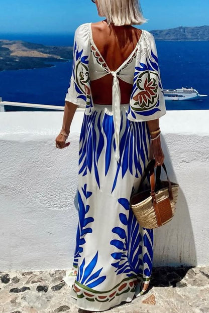 Linen Blend Unique Printed V-Neck Hollow Backless Lace-Up Holiday Maxi Dress