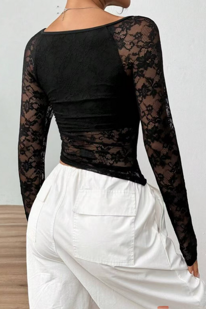 Slim Fitted Sheer Solid Lace Mesh Short Crop Top