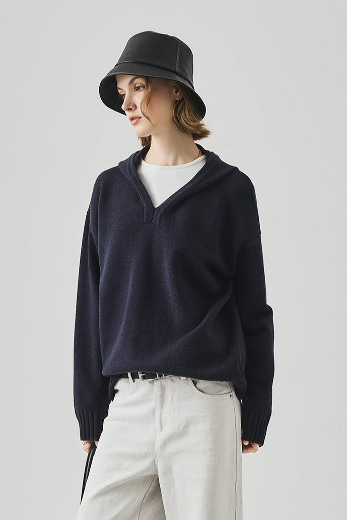 Slouchy V-Neck Hooded Sweater