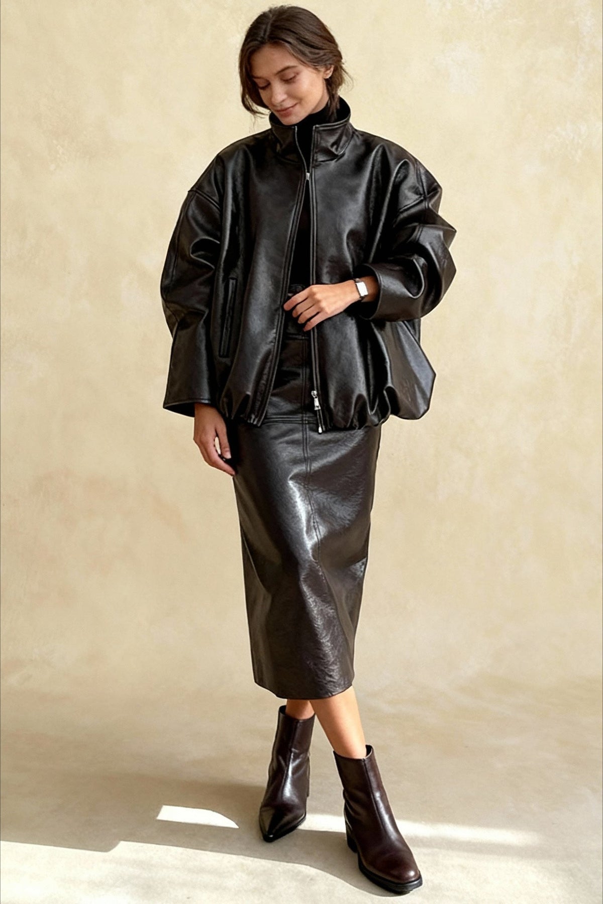 Chic Solid Patent Leather Stand Collar Jacket Skirt Two Piece Set