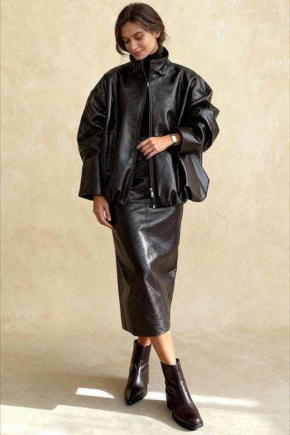 Chic Solid Patent Leather Stand Collar Jacket Skirt Two Piece Set