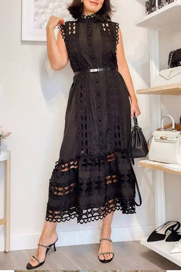 Cutwork Embroidered Tie-Waist Sleeveless Shirtdress
