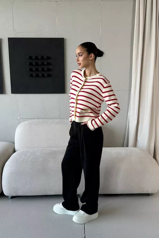 Cropped Stripe Knit Cardigan