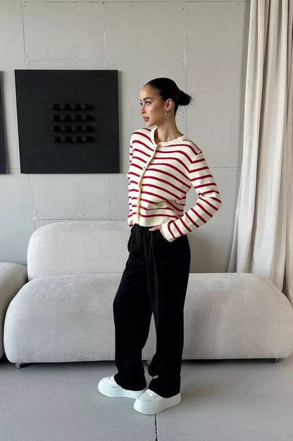 Cropped Stripe Knit Cardigan