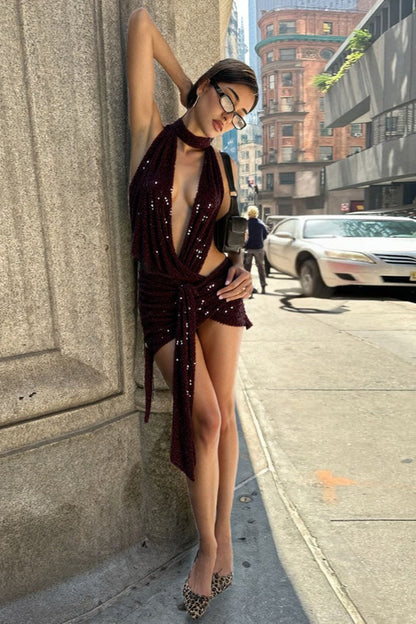 Deep V Halter Backless Sequin Dress