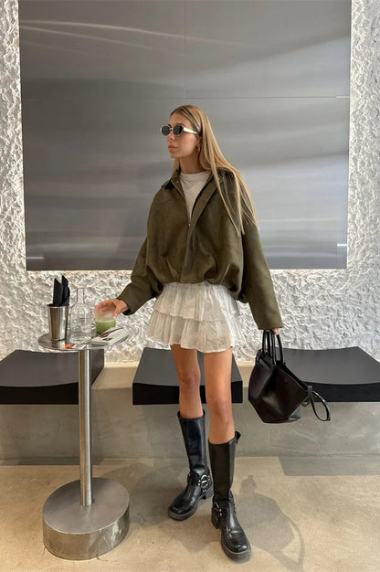 Suede Cropped Zip-Up Jacket