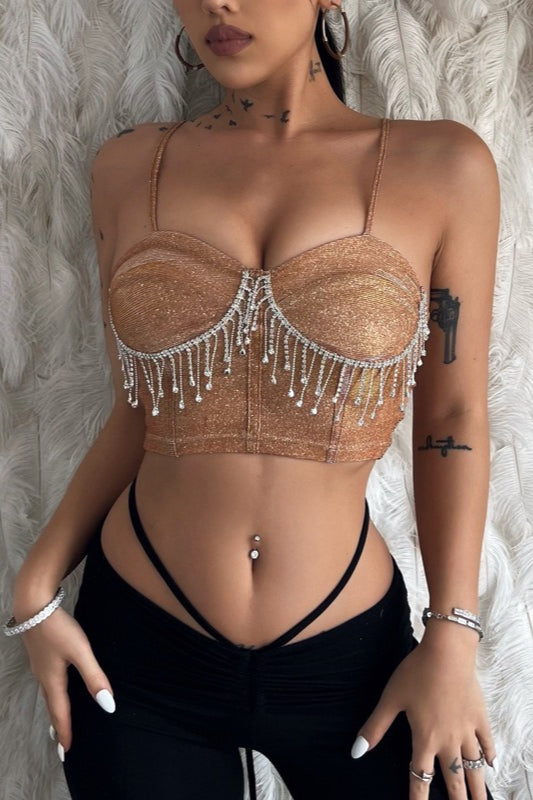 Rhinestone Trimmed Bardot Fringe Crop Top