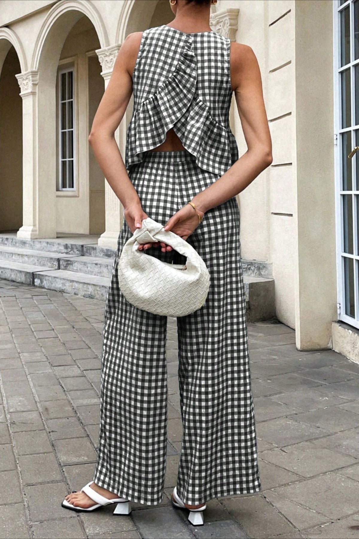 Plaid Ruffle Hem Round Neck Sleeveless Pants Set