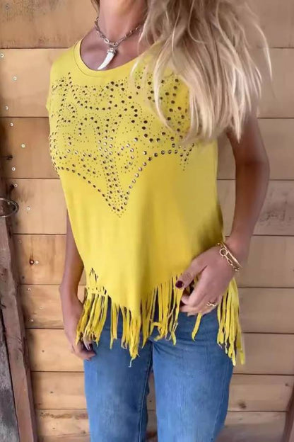 Rhinestone Fringe Crew Neck Short Sleeve T-Shirt