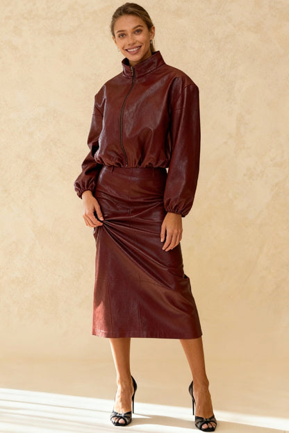 Chic Solid Patent Leather Stand Collar Jacket Skirt Two Piece Set
