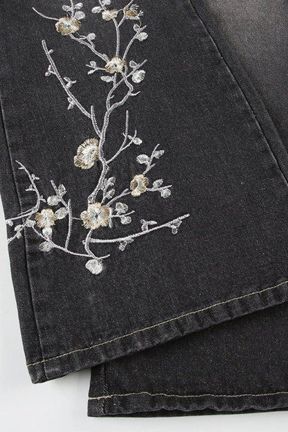 Floral Embroidered Low Rise Flare Jeans