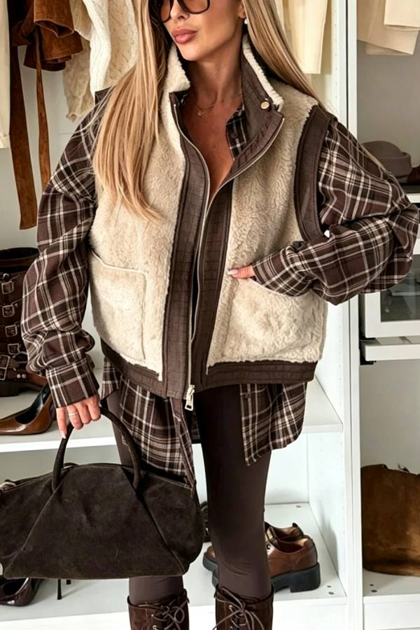 Stylish and multifunctional faux Leather plush patchwork zipper pocket Reversible Vest