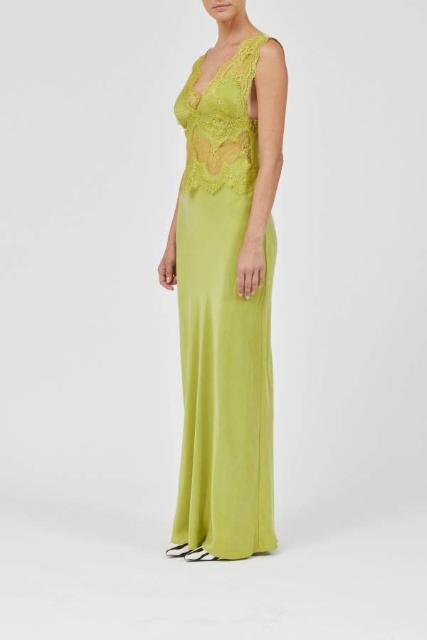 Effortless Elegance Satin Sheer Lace Patchwork V-neck Drape Maxi Dress