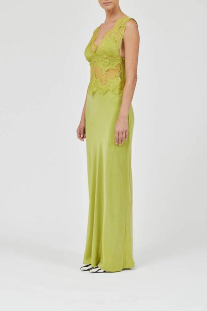 Effortless Elegance Satin Sheer Lace Patchwork V-neck Drape Maxi Dress