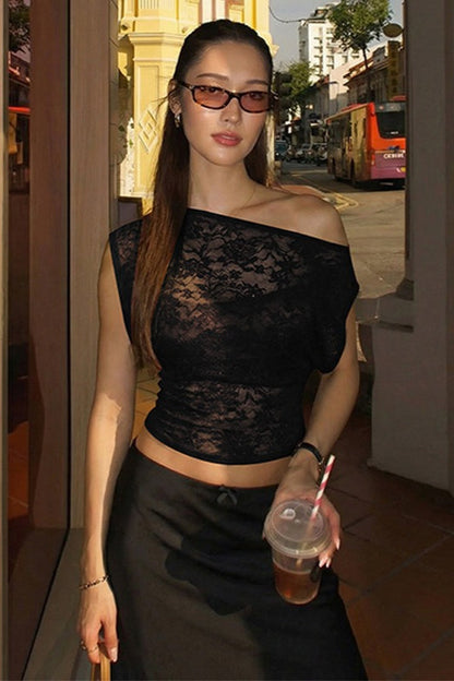 Lace Sheer Asymmetrical Neck Slim Fit Short Sleeve Tee