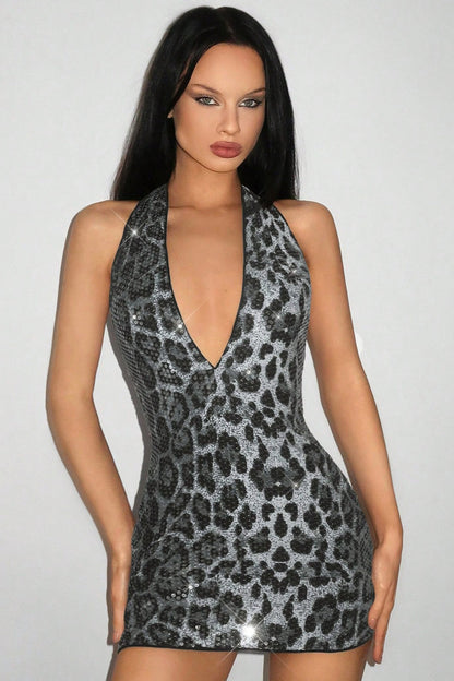 Sleeveless Halter Leopard Beaded Sequin Dress
