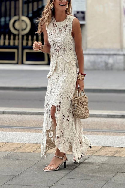 Sleeveless Hollow-Out Crochet Maxi Dress Set
