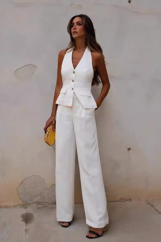 Open Back Halter Two Piece Vest Pants Set