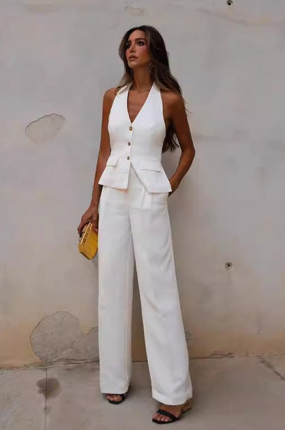Open Back Halter Two Piece Vest Pants Set