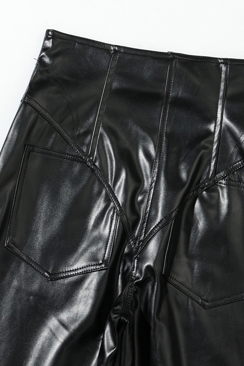 PU Leather Front Zipper Slim Fit Pants