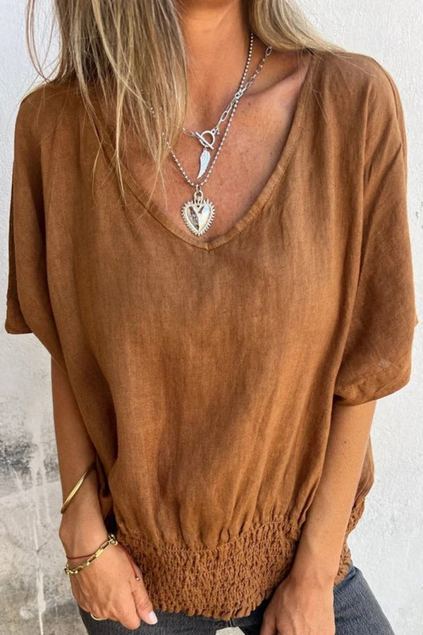 Linen Blend Solid Color V-neck Loose Pleated Casual Top