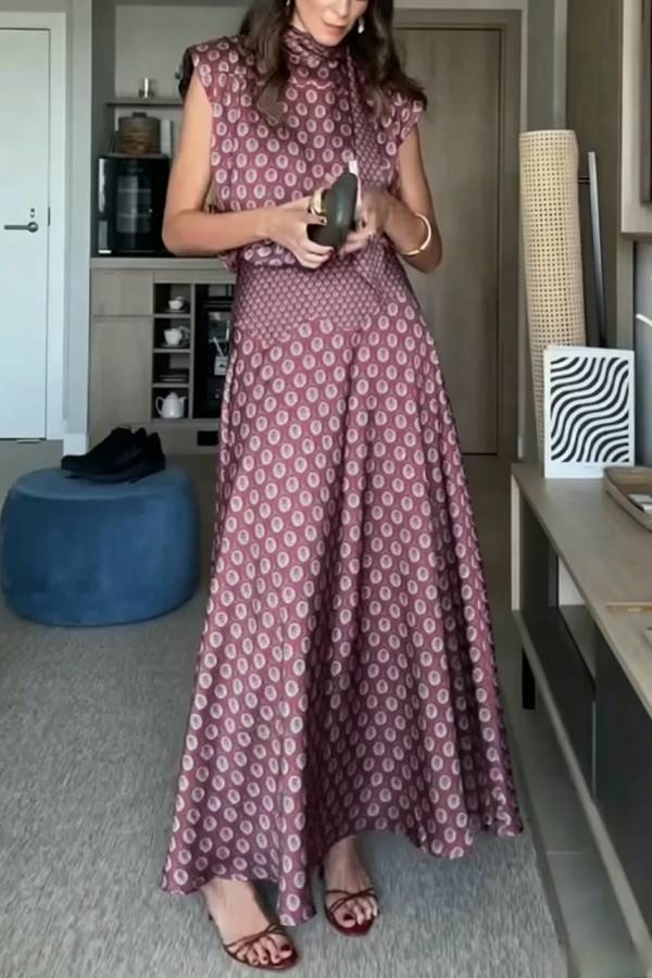 Dalena Satin Art Print High Tie-up Neck Short Sleeve Top and High Rise Maxi Skirt Set