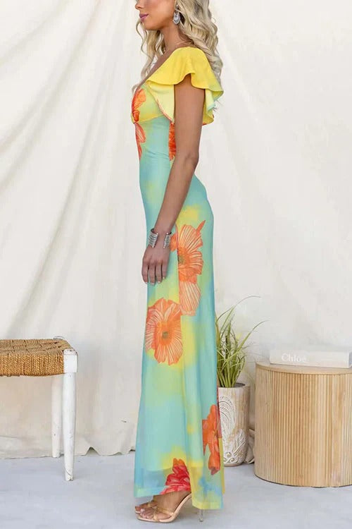 V Neck Ruffle Short Sleeves Floral Print Maxi Dress