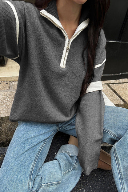 Casual Zip Front Long Sleeve Sweater