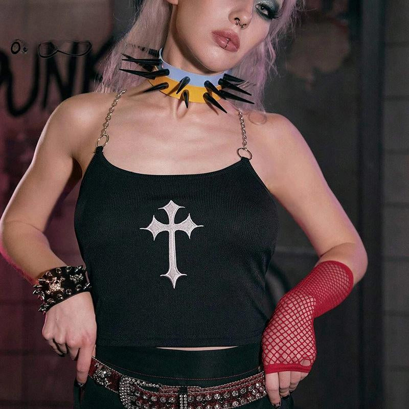 Mysterious Chain Black Cross Print Black Crop Top