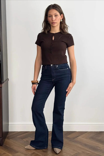Solid Cropped Button Front T-Shirt