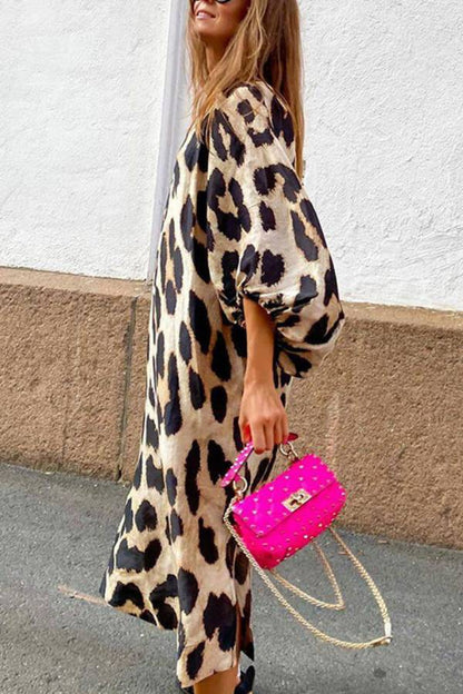 Loose V-Neck Leopard Print Balloon Sleeve Midi Dress