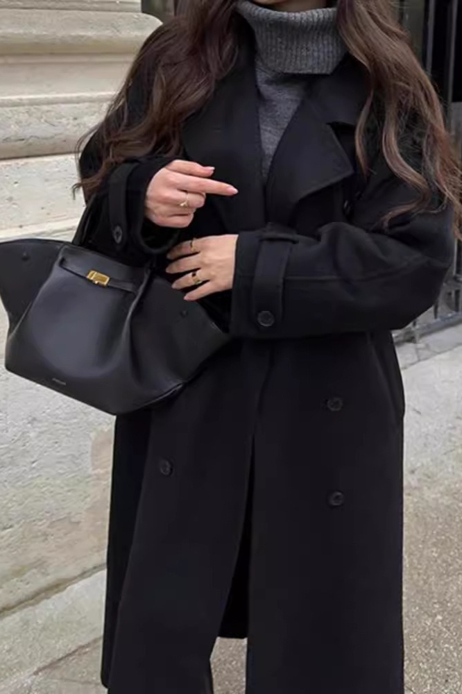 Notched Lapel Long Wool Cinch Belt Overcoat