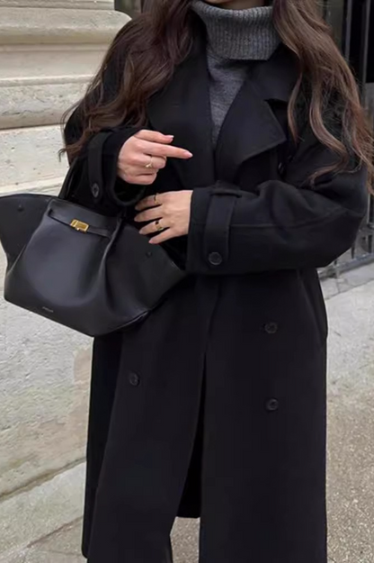 Notched Lapel Long Wool Cinch Belt Overcoat