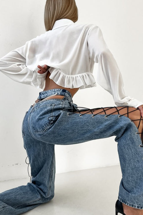 White Cropped Chiffon Ruffle Blouse