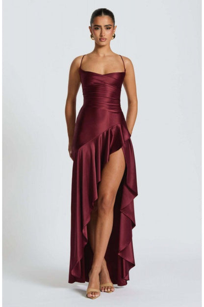 Spaghetti Strap Backless Ruffle Prom Dress