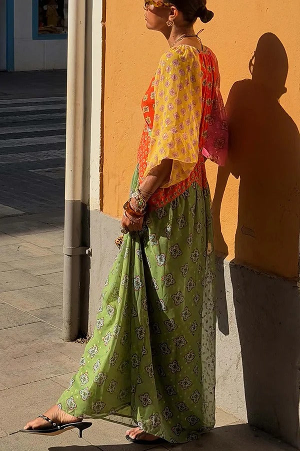 Genovah Colorful Tile Print Patchwork V-neck Balloon Sleeve Maxi Dress