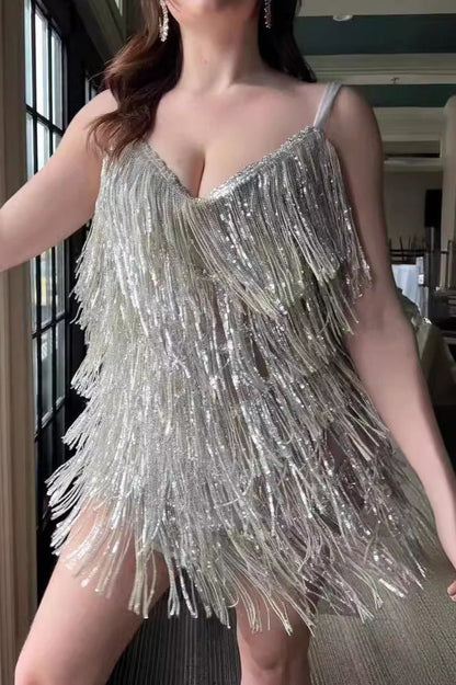 Sleeveless Bodycon Cami Sequin Glitter Fringe Sequin Dress