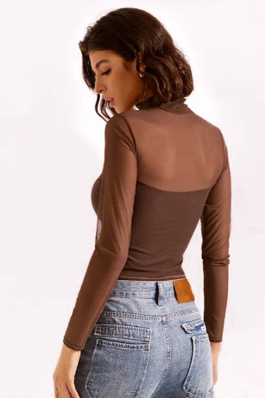 Solid Mock Neck Mesh Paneled Crop Top