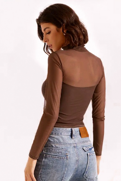 Solid Mock Neck Mesh Paneled Crop Top