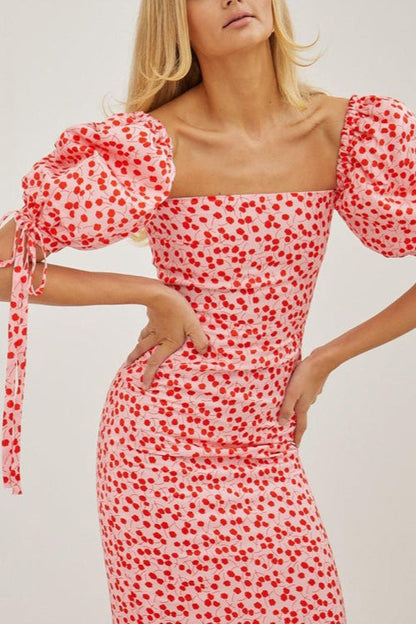 Off Shoulder Puff Sleeve Slim Floral Dress